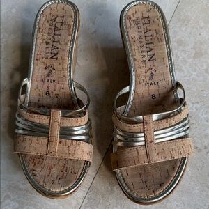 Italian Shoemakers Cork Slide Wedge with Metallic Gold Straps